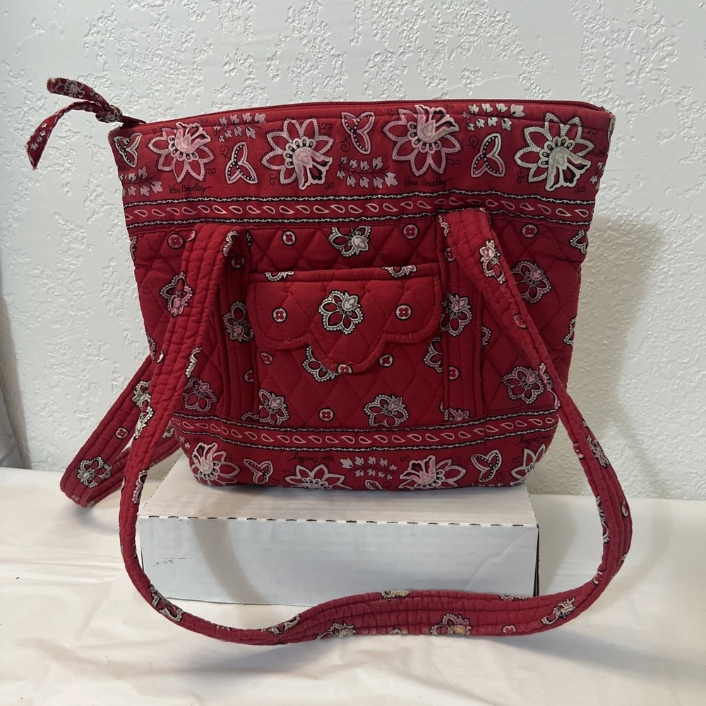 Vera Bradley Red Bandana Quilted Floral Tote shoulder Bag 11 X 10 X 3.5